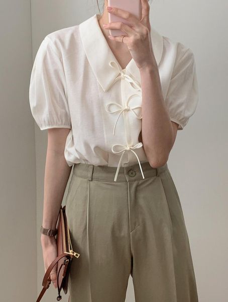 

women's blouses & shirts summer chic turndown collar pink blouse women casual short sleeve bow shirt female office lady korean clothing, White