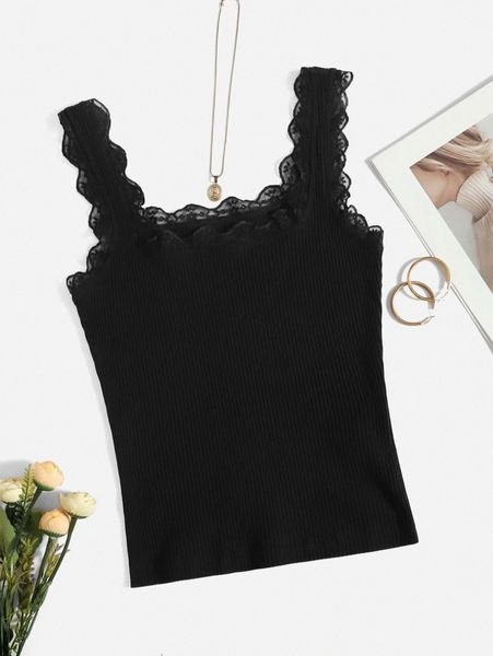 

solid lace trim rib-knit tank 39yp#, White