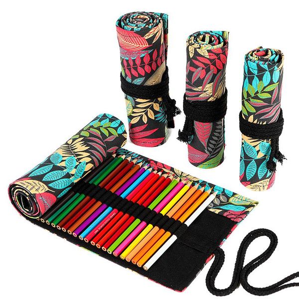 

pencil bags 24/36/48 holes school bag landscape leaf canvas roll pouch marker pens brush case painting storage art supplies