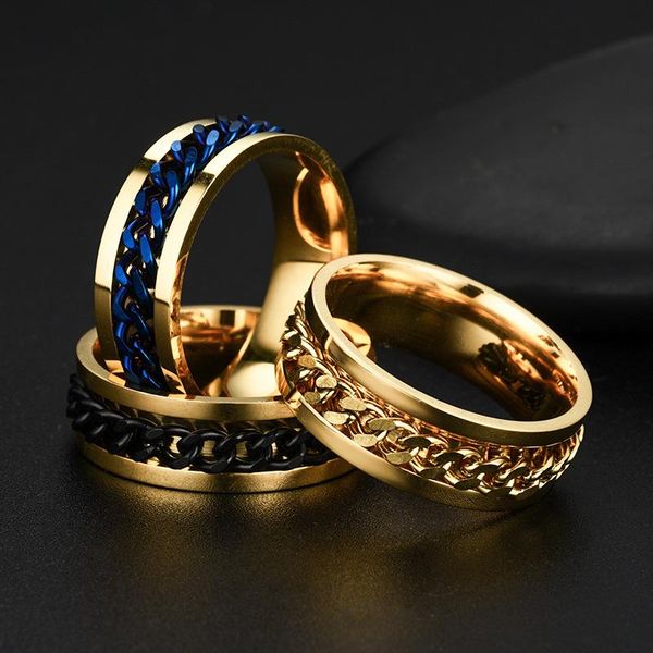 

cluster rings hiphop stainless steel roman numeral twist chain for men punk rock gold black biker rotating ring jewelry gifts, Golden;silver