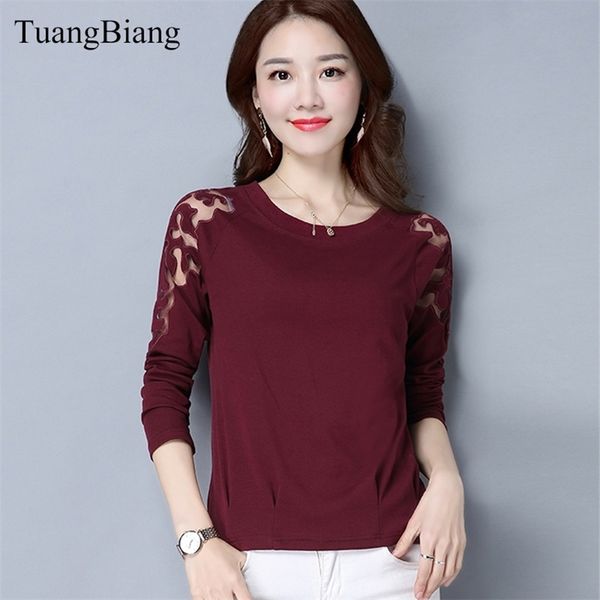 Baumwolle und Leinen Spitze Splice T-Shirts aushöhlen O-Ausschnitt Damen schulterfrei feminine T-Shirts volle Hülse Frühling Herbst Tops 210401