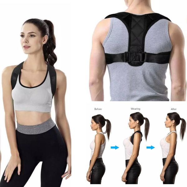 

women's shapers adjustable back posture corrector clavicle spine shoulder lumbar brace support belt correction, Black;white