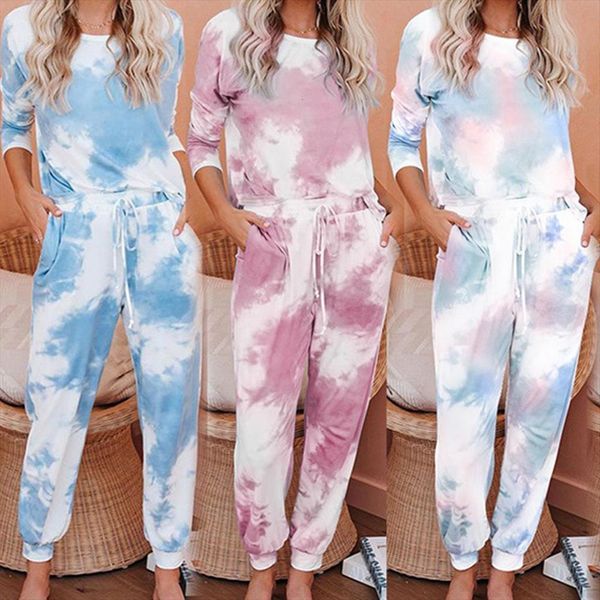 

2pcs suits tracksuit casual womens pants tie dye o neck sweatshirts pullovers jogging two piece sports outfits, White