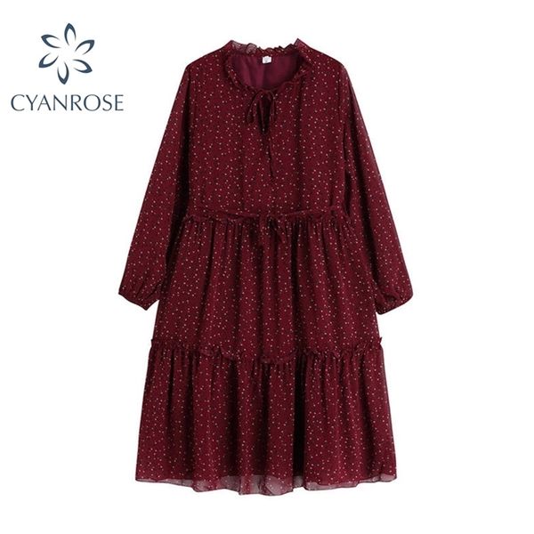 Yitimuceng Vestidos Vintage para Mulheres Vermelho Vinho Vermelho Cópia Floral Curva Manga Longa Festa Preta Lace Up Cintura Mulher Vestido 210515