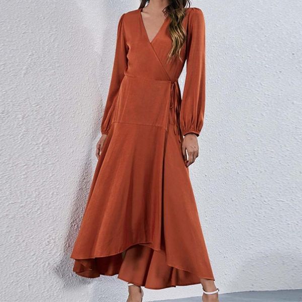 

casual dresses stylish office women dress elegant solid color v neck tight waist side split loose hem long lady spring autumn, Black;gray