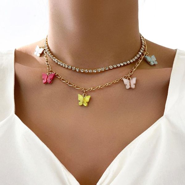 

chains vintage colorful butterfly pendant chain necklace for women full crystal claw multilayer fashion jewelry girl gifts, Silver