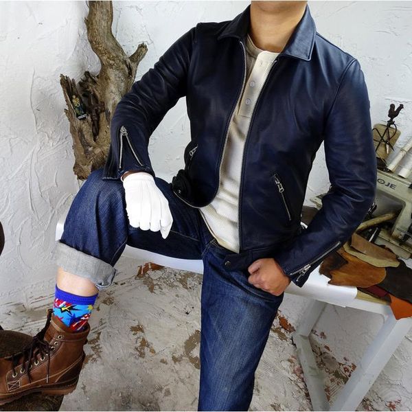 

men's leather & faux genuine natural wrinkled calfskin british style lapel straight pull cow man warm plush lining bule moto jacket, Black