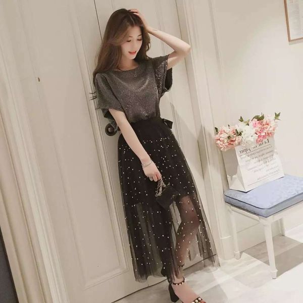 

casual dress 2020 summer fashion korean chic skirt women xiaxian thin two piece t-shirt mesh dress, Black;gray
