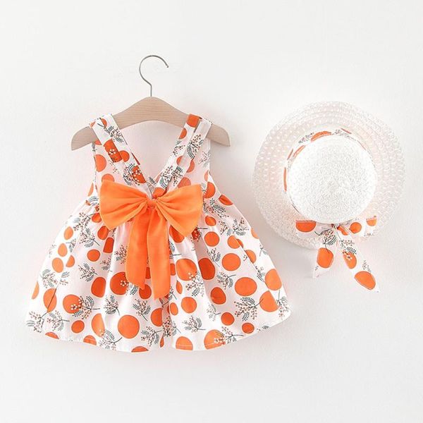 

girl's dresses baby girls summer bow toddler kids floral dot princess dress hat outfits clothes children 2021, Red;yellow