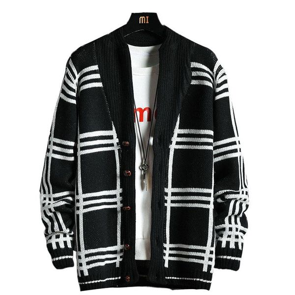 

men's sweaters mens cardigan knitted sweater winter solid harajuku plaid korean casual black pull oversize sueteres para hombre, White;black
