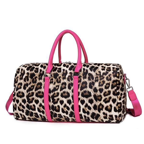 Мода Leopard Print Женщины Duffle Сумка Cheetah Картина животных Путешествия Сумочка для леди Девочка Плечо с Розовой Ручкой Duffel Сумки