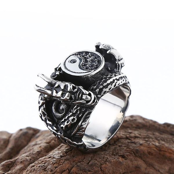 Cluster Anelli Punk Yin Yang Taiji Vintage Argento Colore Moda etnica Dragon Claw Anello in metallo per uomo Gioielli retrò Bague Hemme