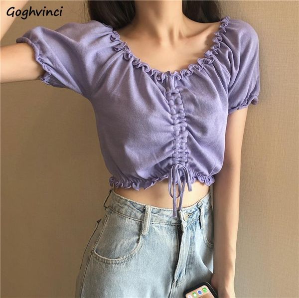 

women's t-shirt women short sleeve t-shirts drawstring slim solid defined waist fashion chic ins v-neck crop ruched streetwear, White