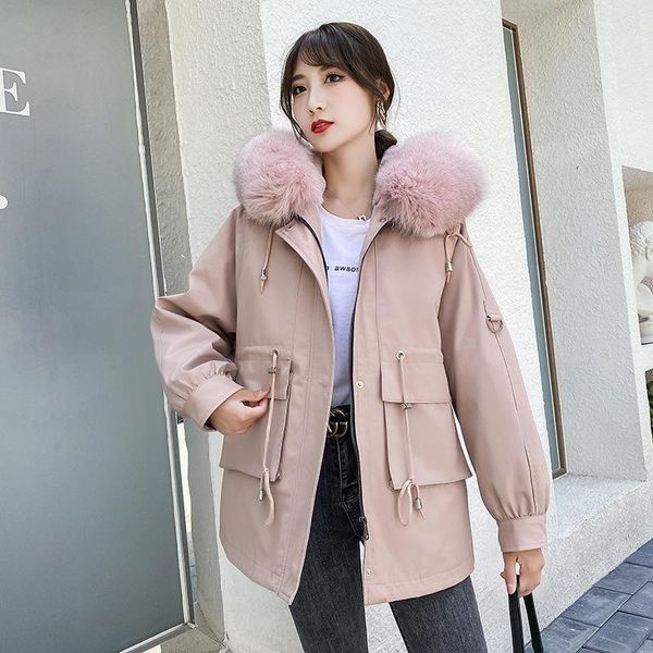 

women's fur & faux 2021 ladies lining collar elastic waist fashion hooded jacket, Black