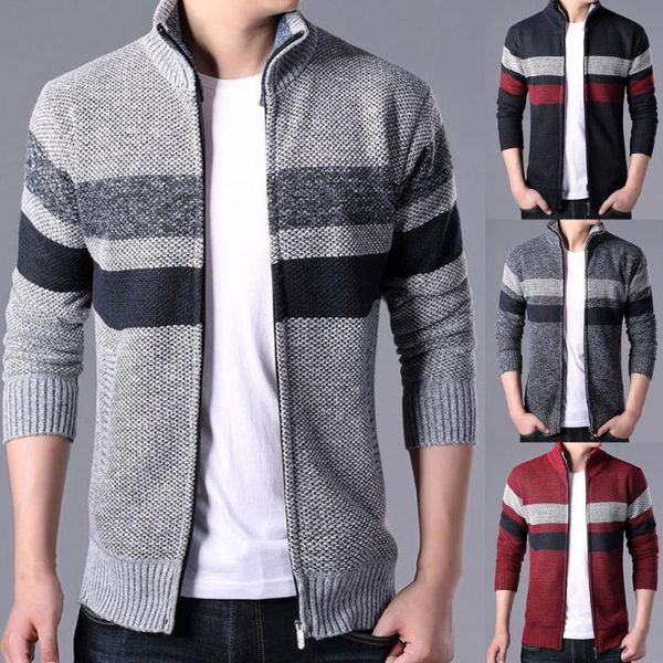 

men's sweaters patchwork long sleeve men cardigan autumn winter zipper closure stand collar pockets sweater coat knitwear, White;black
