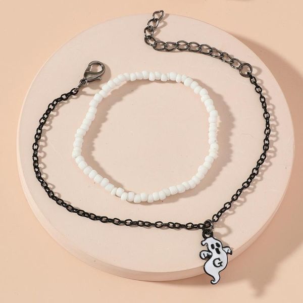 

link, chain retro gothic style beaded bracelet set halloween gift black and white creative handmade rice bead ghost pendant unisex