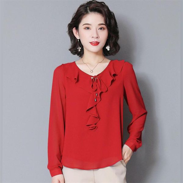 

colors chiffon women summer autumn o-neck solid ruffles loose ladies office blouse shirts plus size -8xl women's blouses, White