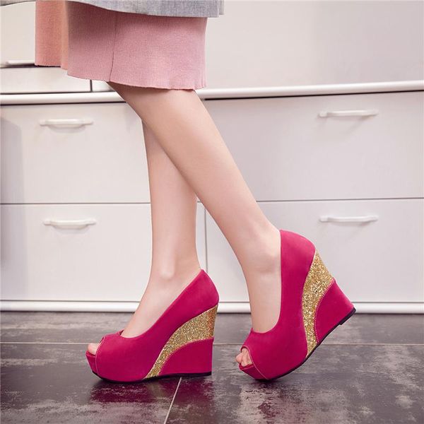 

dilalula big size 33-43 pumps women shoes high wedges heels peep toe autumn ladies party woman dress, Black