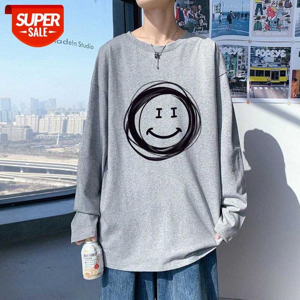 

smiley printed long-sleeved shirt men's half-sleeved t-shirt loose clothes #uz6s, White;black