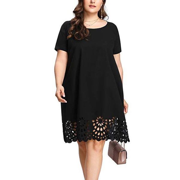 

dress summer 2021 lace loose o neck short sleeve casual sundress hollow out slim beach party vestidos plus size xl-5xl dresses, Black;gray
