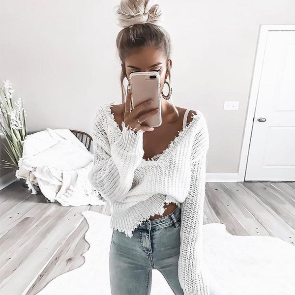 

fannic tassel deep v knitted womens sweater pullover autumn winter long sleeve knit crochet sweaters women cropped jumper pull neck, White;black