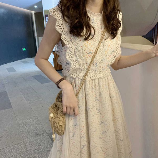 

summer french retro seaside holiday chiffon floral lace dres sleeveless sheath 210603, Black;gray