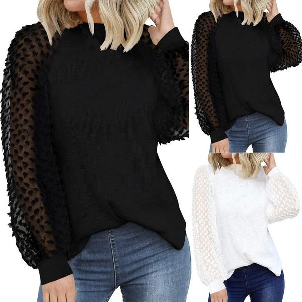 

women's blouses & shirts long sleeve elegant women 2021 lady office work fashion o-neck black autumn lace pullover tees blusas, White