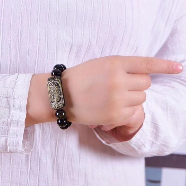 

beaded, strands wholesale joursneige gold black natural obsidian stone bracelets round beads with pixiu bracelet luck for women men gift jew