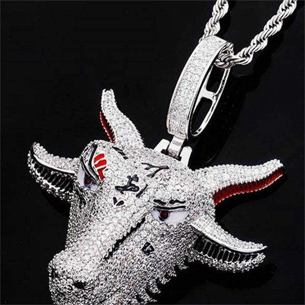 

hip hop iced goat head pendant in white gold with stainless steel rope chain for men women 137 r2, Silver