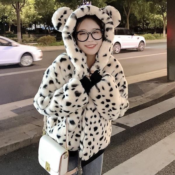 

women's fur & faux women 2021 winter cute bear ears hooded coats female loose student leopard print overcoats ladies warm jackets a99, Black