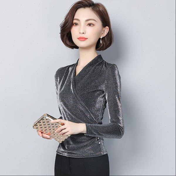 

elegant autumn lace casual womens shirt long sleeve v neck fashion sequin temperament slim dd8282, White