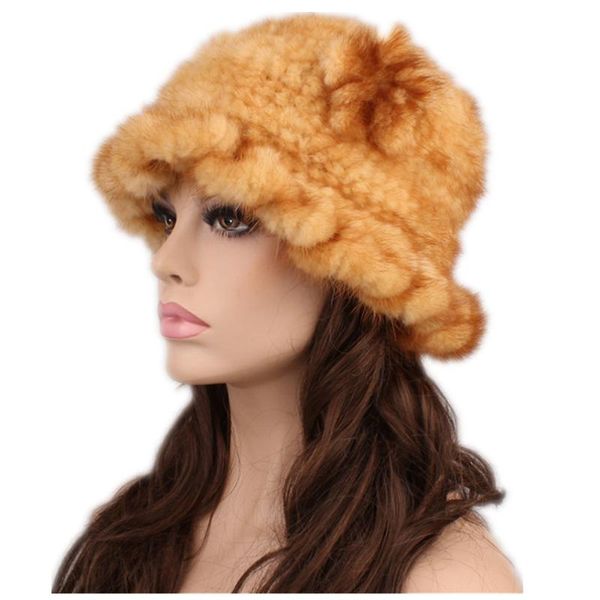

stingy brim hats real mink hat women's winter fur mom beanies with floral golden brown red beige knitted for lady fedoras h448, Blue;gray