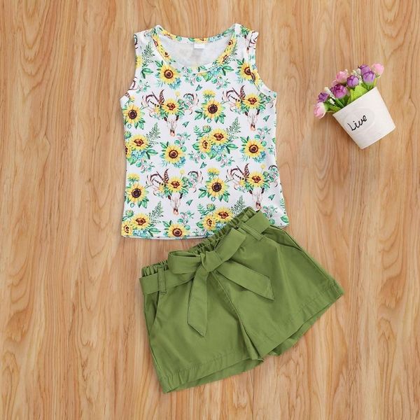 

summer girl suit two pieces outfits baby girls flower printed + pants chidren clothing set sets, White