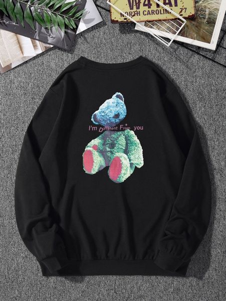 

men slogan & bear print pullover 76fv#, Black