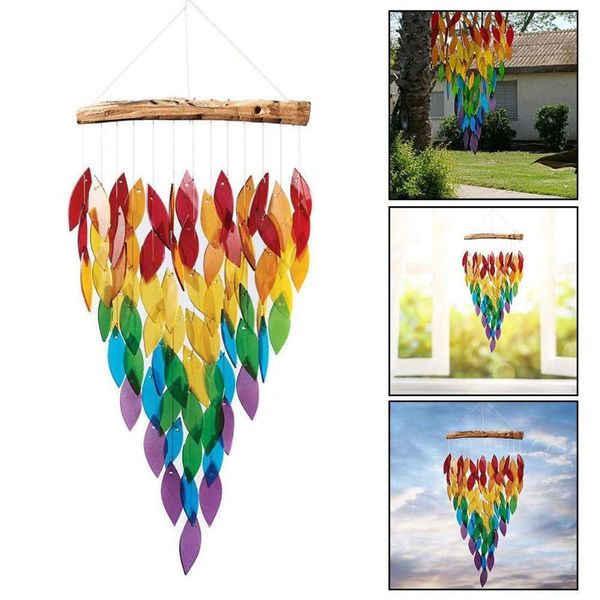 

decorative objects & figurines 1pc maple rainbow pattern wind chime rotatable dream colorful leaves for garden catcher wooden hanging orname