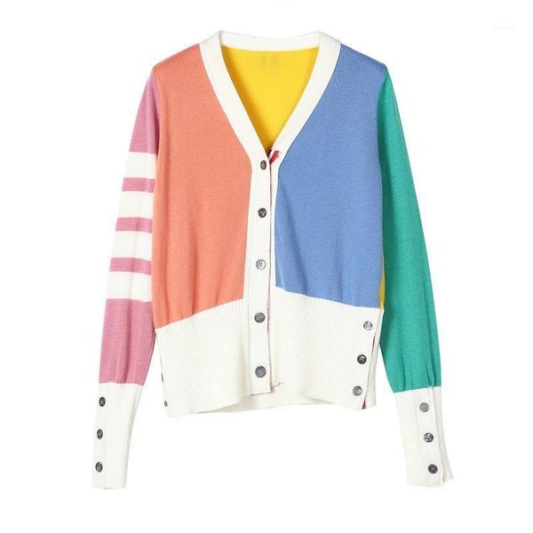 

women's sweaters color geometric splicing knitted cardigan v-neck long sleeve versatile coat early autumn of, White;black