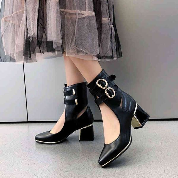 

dress shoes pxelena punk rock gothic gladiator pumps women square chunky block high heel rome female buckle retro drop nvzn, Black
