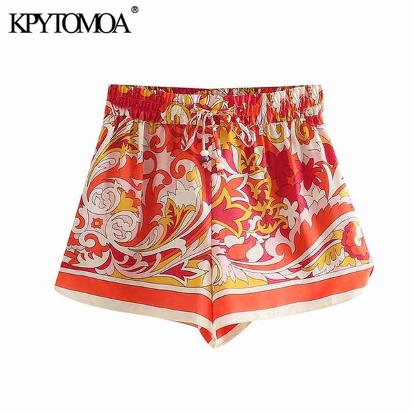 

kpytomoa women fashion totem print side vents shorts vintage high elastic waist drawstring female short pants mujer 210722, Black