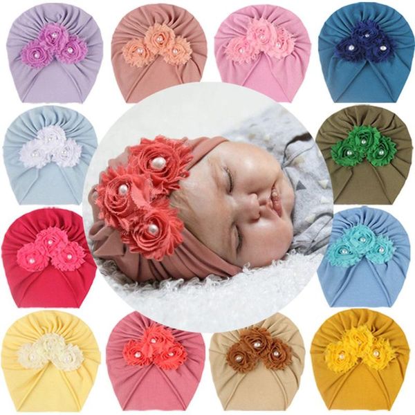 

caps & hats infant born with pearl chiffon flowers cotton blend baby headband knit turban girls stretchy beanie hat, Yellow