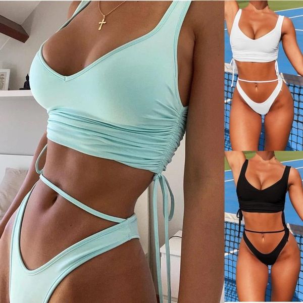 

women's swimwear 2021 summer solid color bandage bikini beach holiday sports two piece swimsuit, White;black