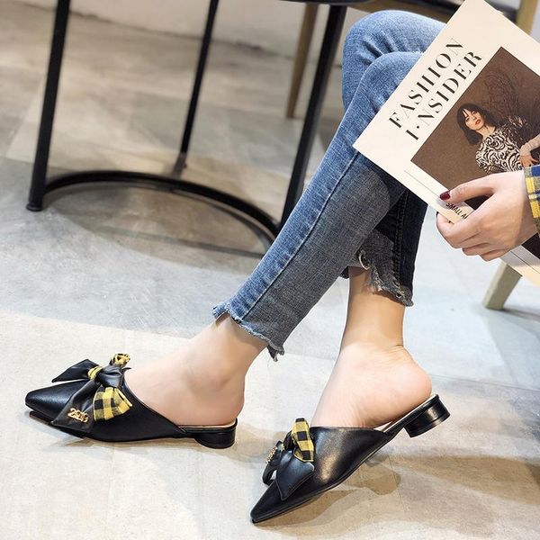 

slippers 2021 summer women shoes woman mules colorful bow knot casual thick mid heels pointed toe ladies, Black