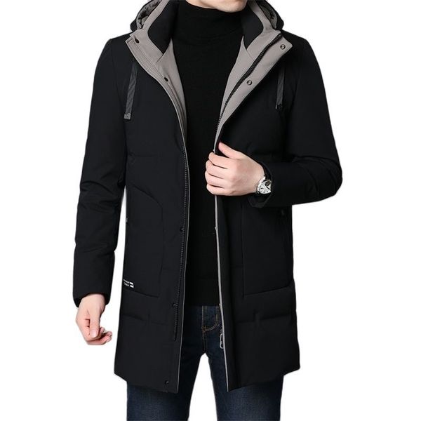 

winter jacket men white duck down jacket thick warm long hooded mens solid color down coats fashion casual men clothing 211104, Black