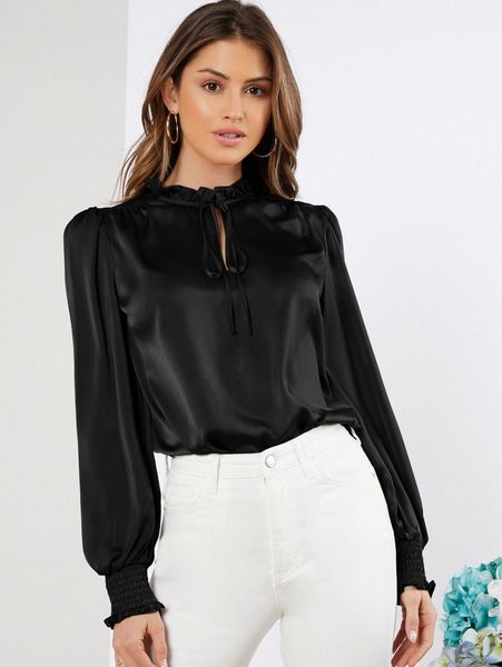 

tie neck shirred cuff satin c2qi#, White