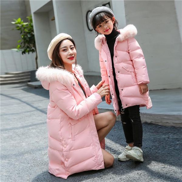 

girls russian winter warm duck down jackets parent-child big fur hooded jacket children's long section outerwear coats coat, Blue;gray