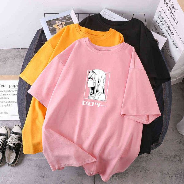 Verão Japão Darling no Franxx camisetas Zero Duas Mulheres Moda O-pescoço Oversized Tees Casuais Hip Hop Feminino Roupas G220228