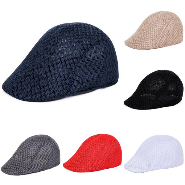 

summer men women casual flat beret hat solid color simple hollow out adjustable breathable golf sun mesh cap beanies