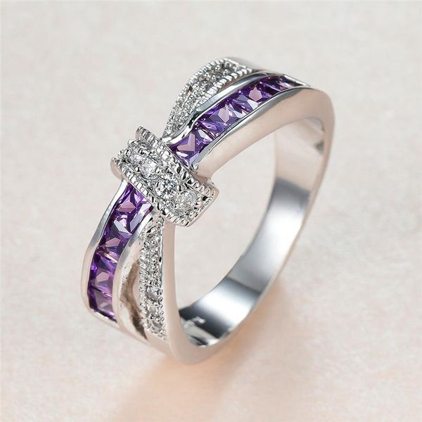 

wedding rings luxury female purple crystal stone ring charm silver color thin for women vintage bowknot zircon engagement, Slivery;golden