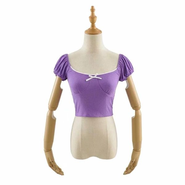 

women's t-shirt short bow lace court style tight waist off shoulder back, White