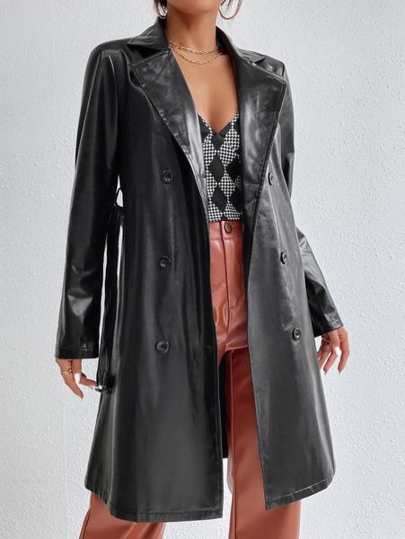 

double breasted belted pu leather trench coat 81dq#, Tan;black