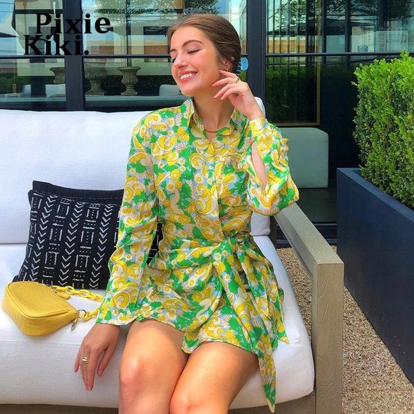 

casual dresses pixiekiki flower print green loose shirt for women 2021 fall fashion elegant long sleeve short dress p84-dh41, Black;gray